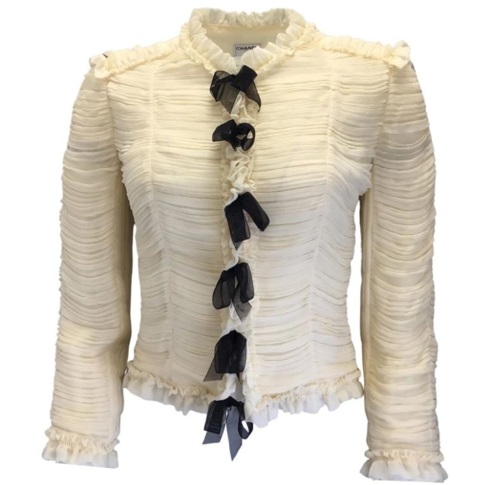 Chanel vintage 2006 ivory / Black Bow Detail Ruched Silk Chiffon Top / Jacket